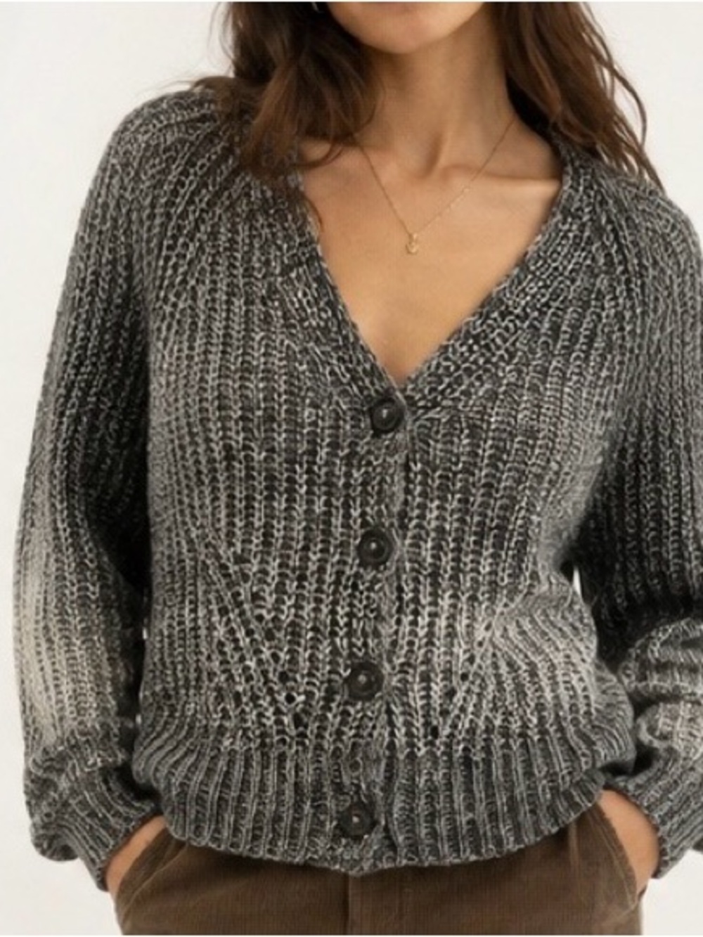 Natural Reflections Marled Gray Chunky Knit Cardigan Wool Blend Grandpacore M